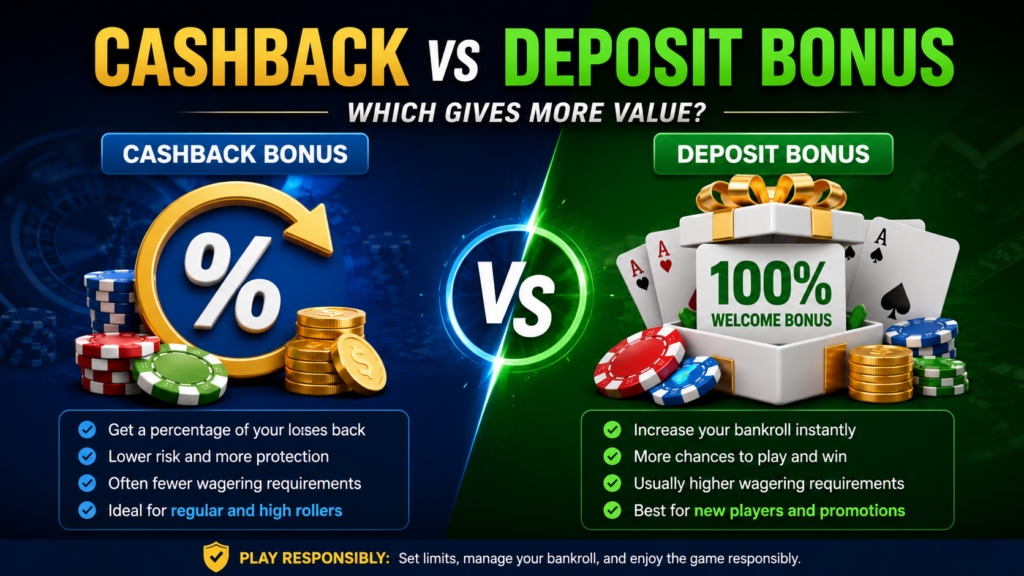 Comparison of cashback bonus and deposit bonus offers in online casinos with chips, cards, and promotional rewards.