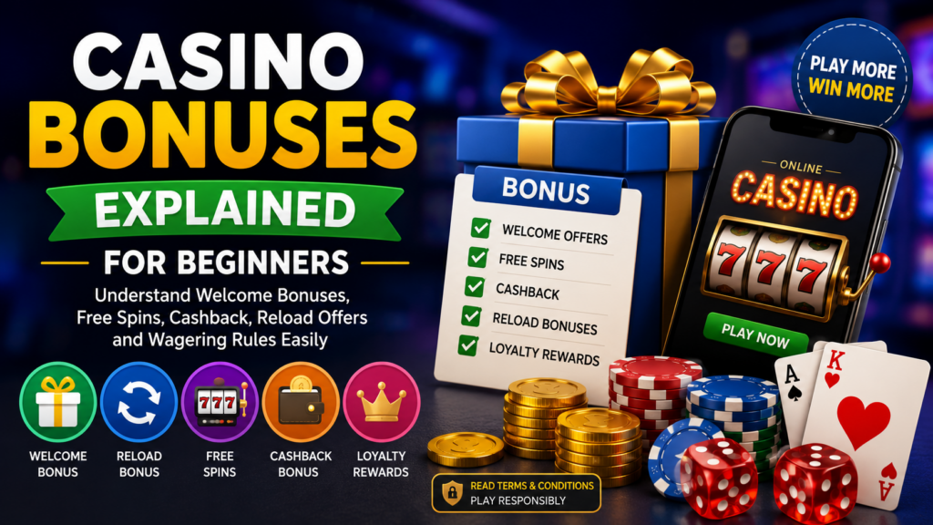 Beginner learning online casino bonuses including welcome offers, free spins, cashback rewards, and wagering rules guide