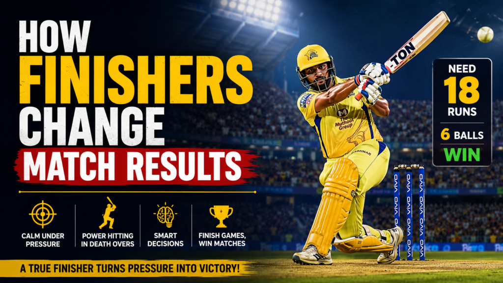 Cricket finisher hitting a winning shot during a tense limited-overs match under pressure in the final overs.
