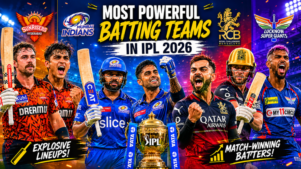 IPL 2026 strongest batting teams including Sunrisers Hyderabad, Mumbai Indians, and Royal Challengers Bengaluru players batting aggressively.