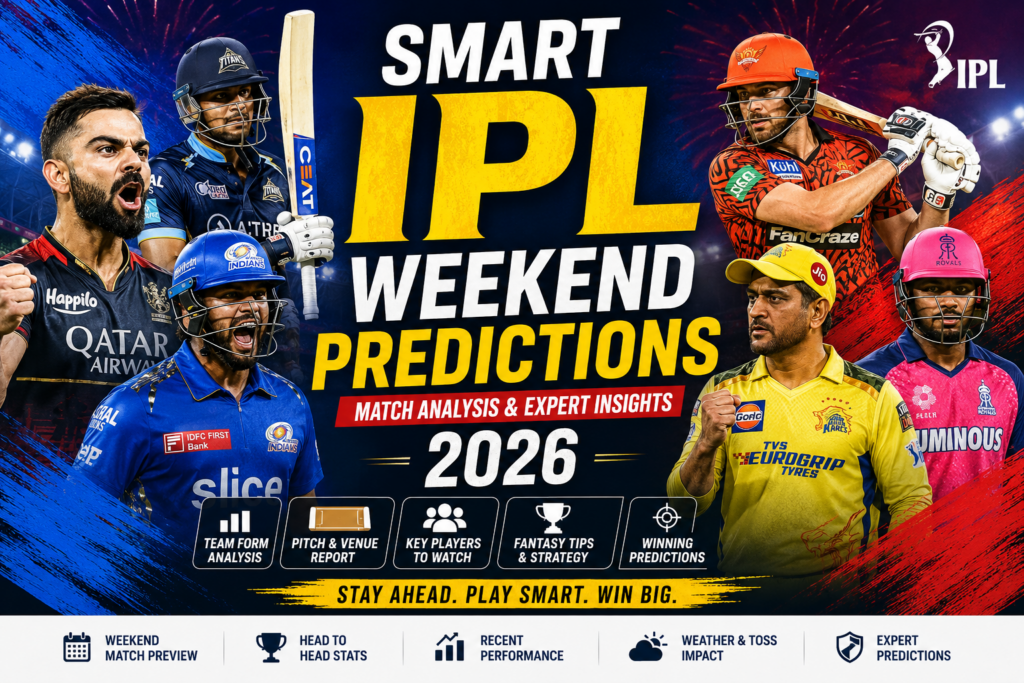 IPL match prediction analysis showing team form, player stats, and weekend cricket forecast insights for IPL 2026 games.