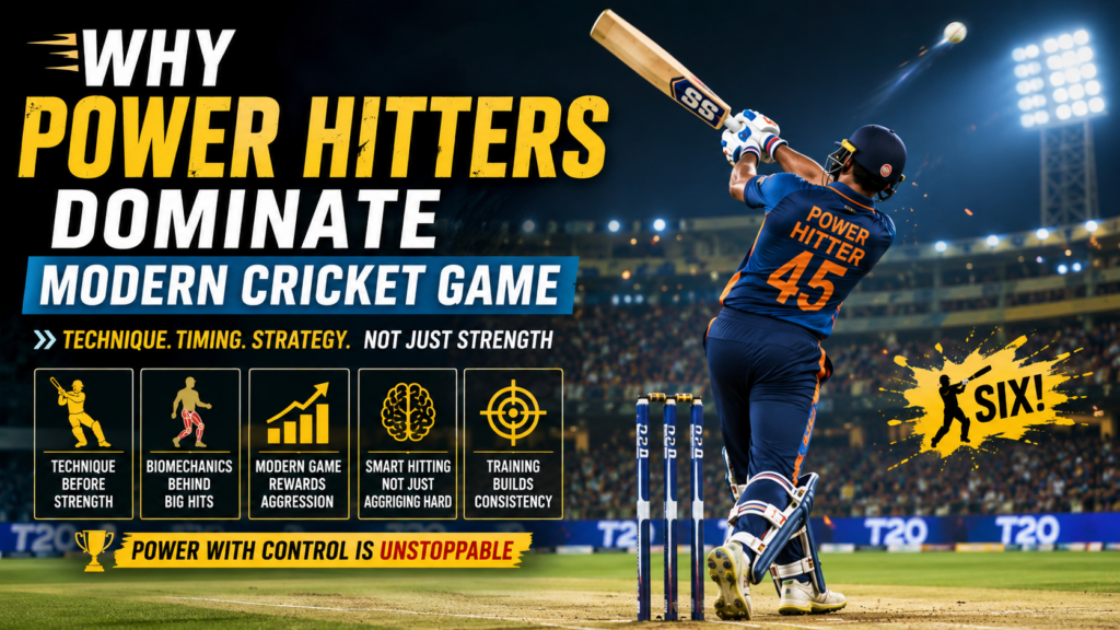 Modern cricket batter playing an aggressive power shot in T20 cricket match, hitting a six over the boundary with perfect timing.