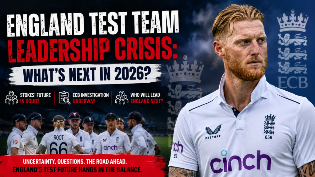 England captain Ben Stokes during a Test match as leadership concerns and ECB investigation dominate cricket headlines in 2026.