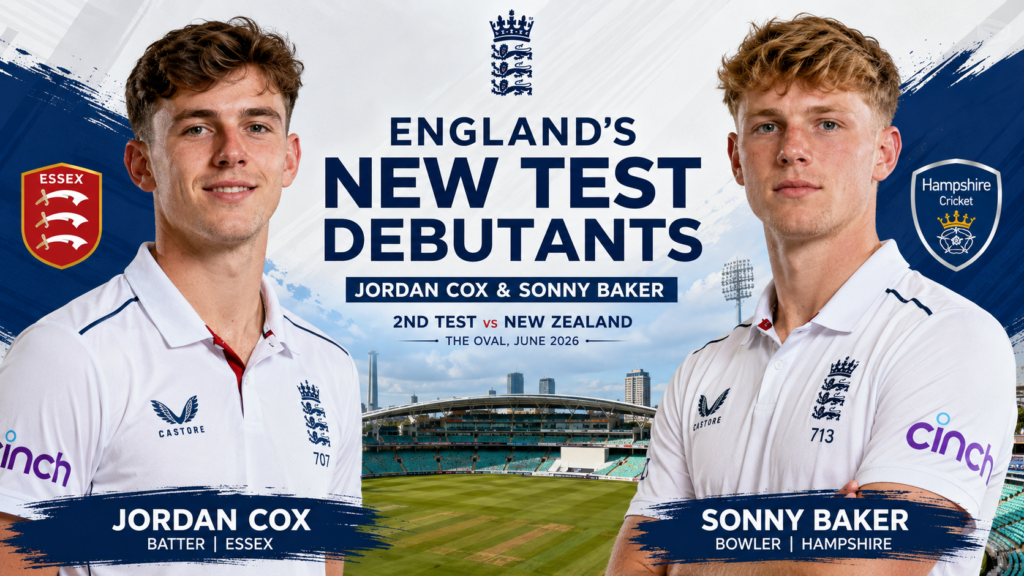 Jordan Cox and Sonny Baker pose ahead of their England Test debuts against New Zealand at The Oval in June 2026