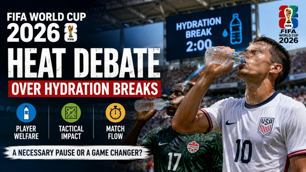 Players take a hydration break during a FIFA World Cup 2026 match as debate grows over the impact on tactics and game flow.
