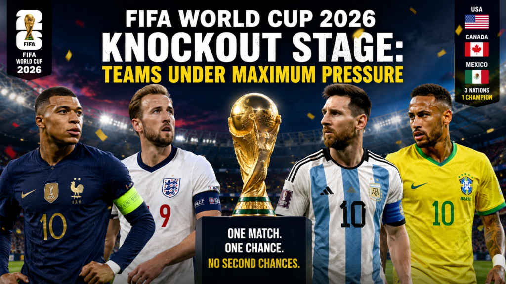 FIFA World Cup 2026 knockout stage match featuring top national teams battling under intense pressure for a place in the next round.