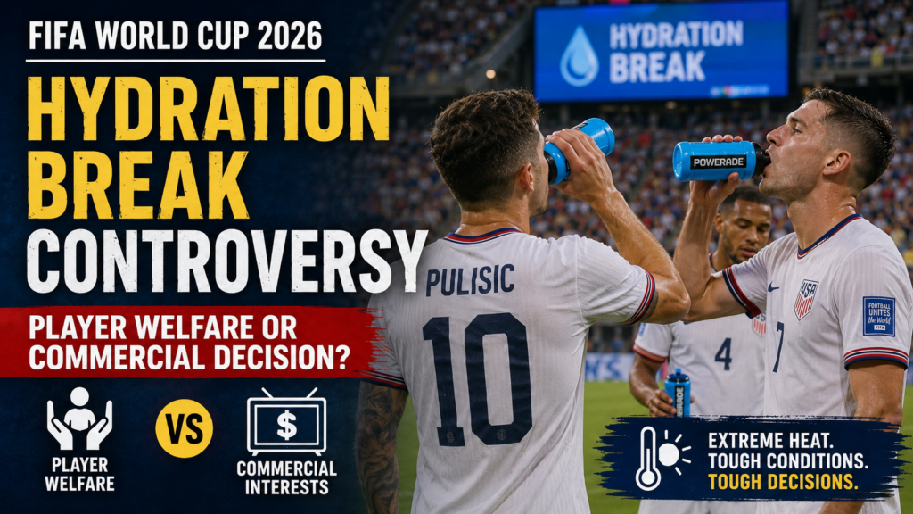 Players take a hydration break during a FIFA World Cup 2026 match as the controversy over player welfare and commercial interests continues.