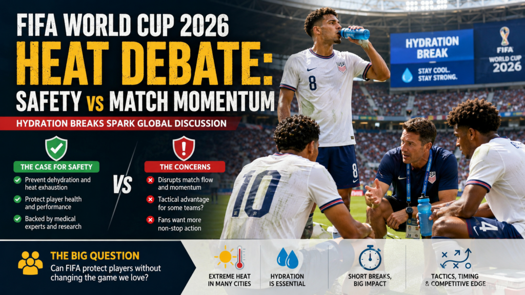 Players take a hydration break during a FIFA World Cup 2026 match as coaches and officials monitor extreme heat conditions.