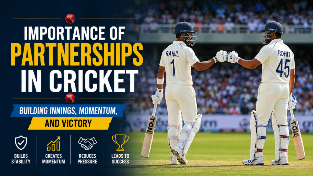Two cricket batters celebrating a successful partnership after building a strong innings and putting their team in control.