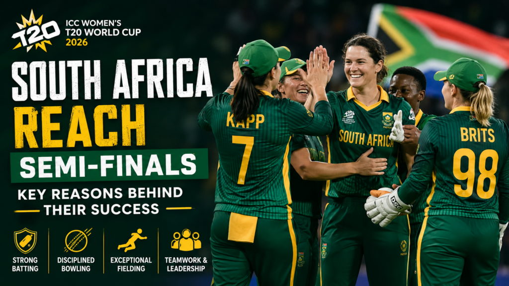 South Africa women's cricket team celebrates after reaching the Women's T20 World Cup 2026 semi-finals with Laura Wolvaardt leading the squad.
