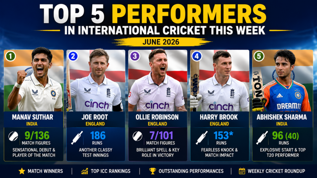 Top 5 international cricket performers this week showcasing outstanding batting and bowling performances in June 2026.