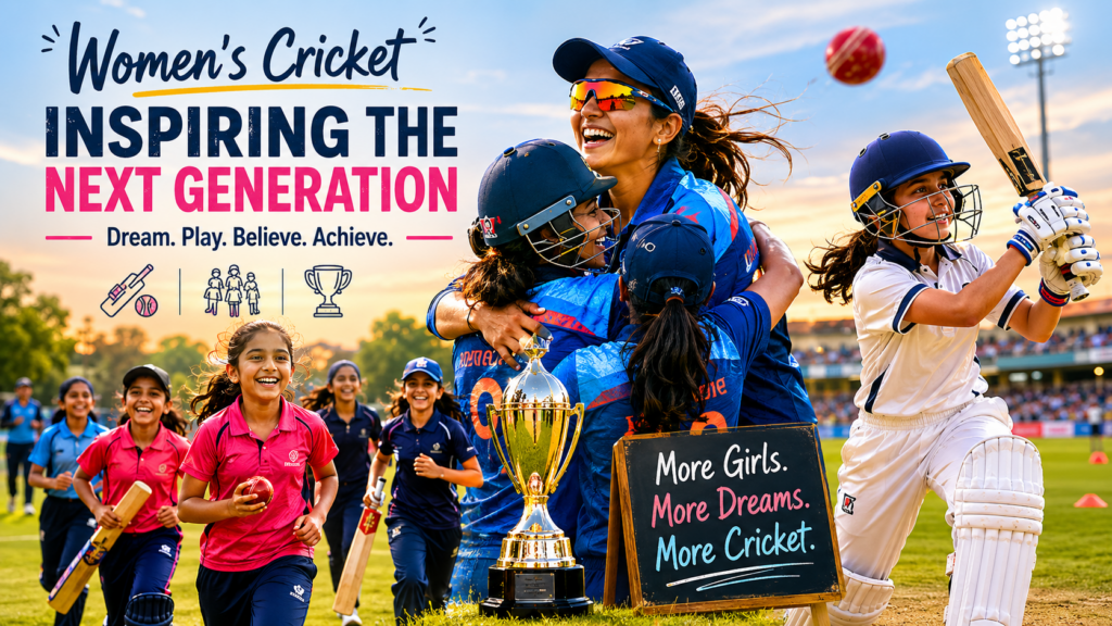 Young girls playing cricket on a field inspired by women’s cricket growth and youth participation programs worldwide.