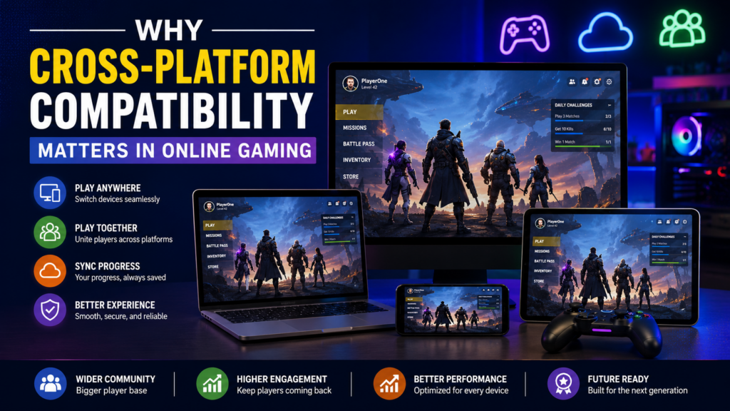 Player enjoying cross-platform online gaming seamlessly across mobile, laptop, tablet, and desktop devices