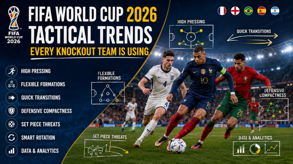 FIFA World Cup 2026 tactical trends showing players pressing, defending, and transitioning during a knockout stage football match.