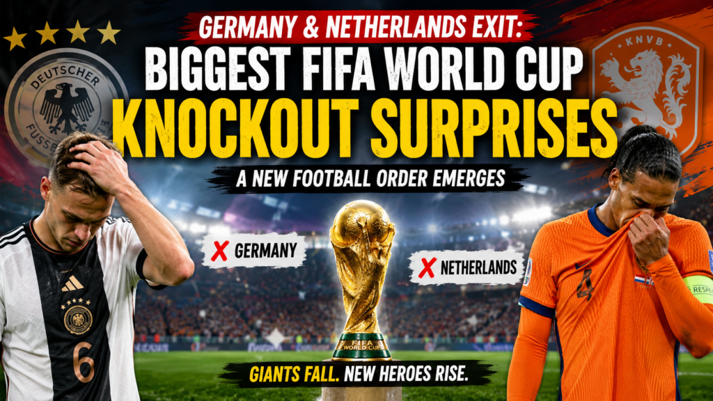 Germany and Netherlands football teams reacting after FIFA World Cup knockout stage elimination in a dramatic match moment