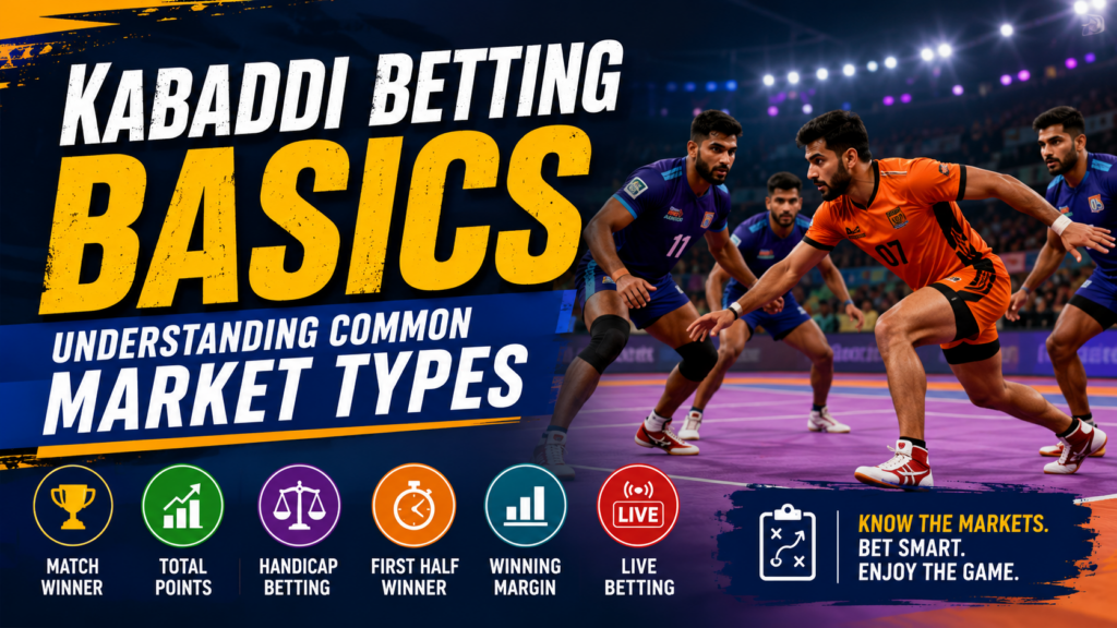 Kabaddi players competing during a match with betting market types and match analysis illustration