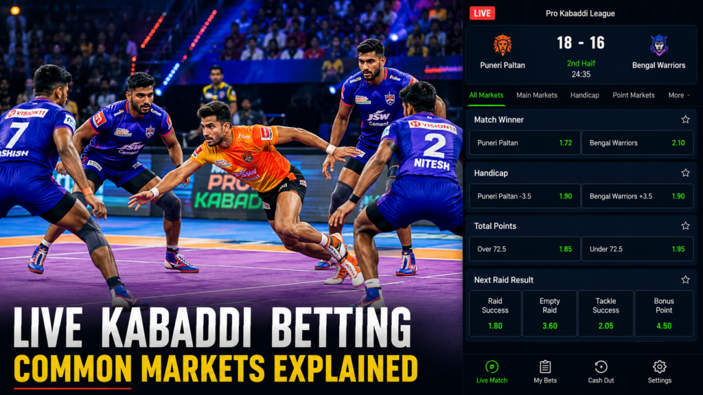 Live kabaddi match showing a raider in action with real-time betting markets and changing odds on a sportsbook screen.