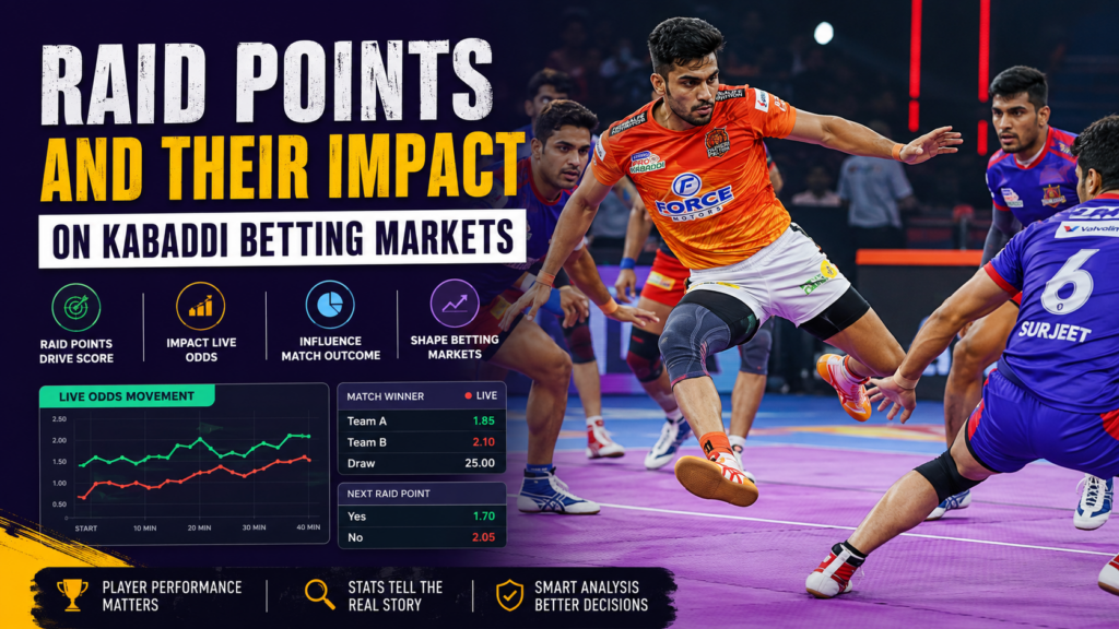 Kabaddi player scoring raid points during a professional match affecting live betting markets and match odds