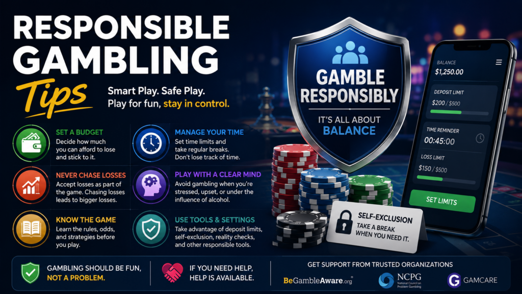 Responsible gambling tips for safe online gaming, showing bankroll management, time limits, responsible betting practices, and self-exclusion tools.