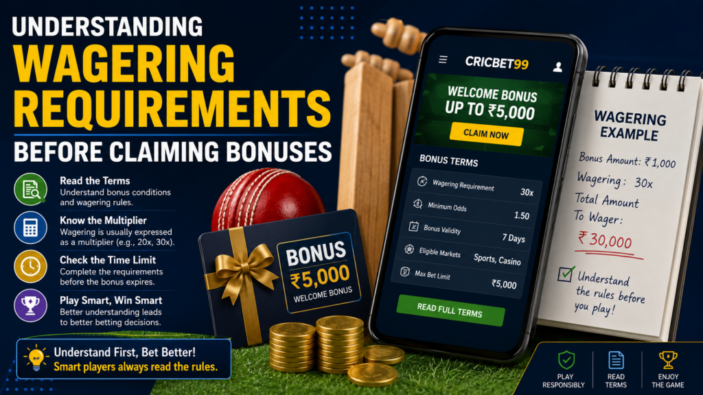 Player reviewing wagering requirements and bonus terms before claiming an online betting bonus on a cricket betting platform.