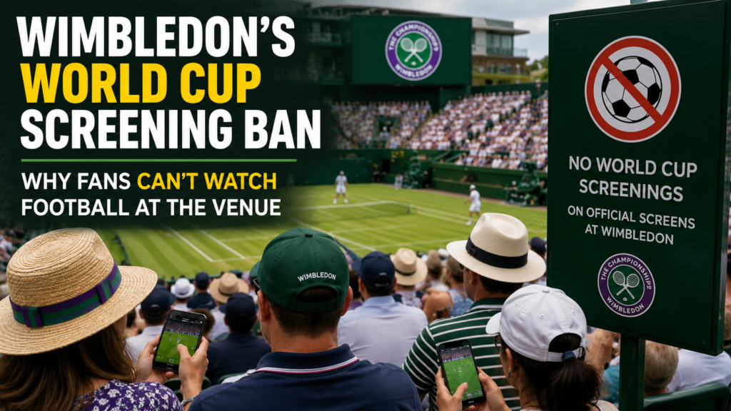 Fans at Wimbledon watch tennis while checking FIFA World Cup scores on their phones after the tournament's official screening ban.