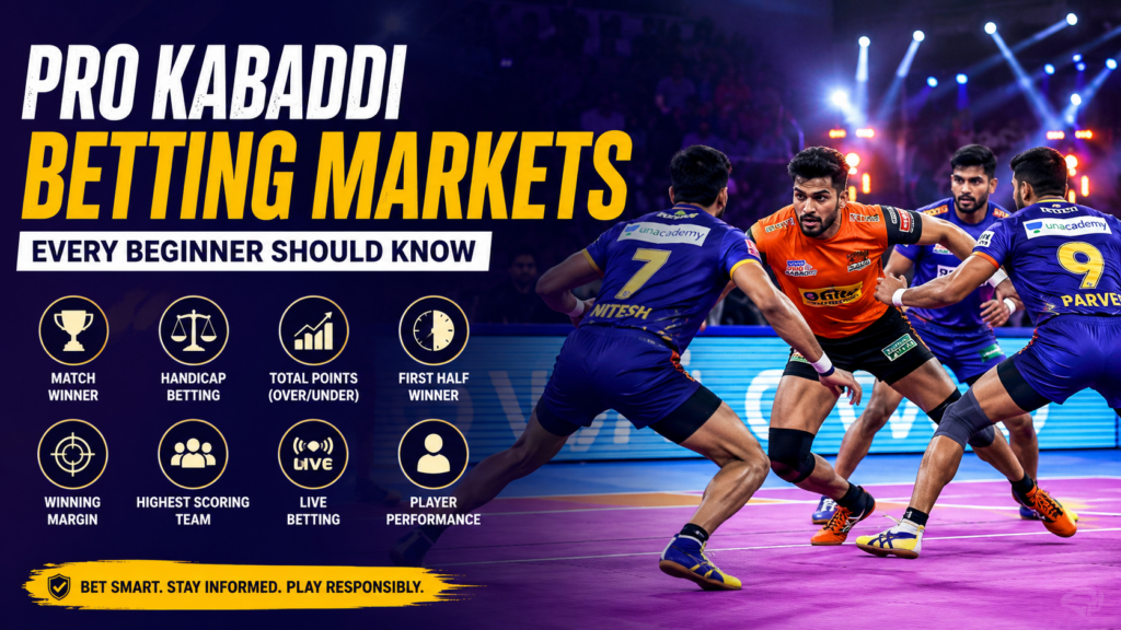 Pro Kabaddi players competing during a match with popular betting markets highlighted for beginners