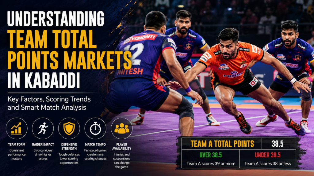 Kabaddi players competing during a match while illustrating Team Total Points market analysis and scoring trends