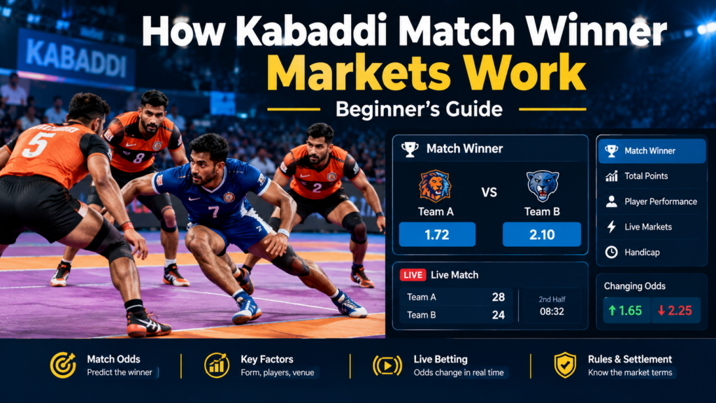 Kabaddi match winner betting market showing two teams, match odds, live score and changing odds during a professional game
