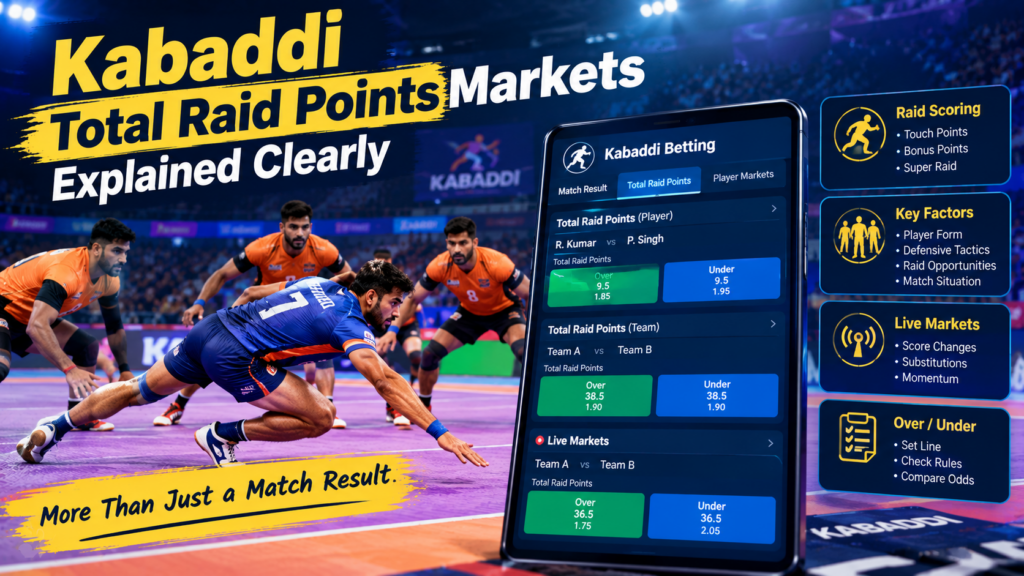 Kabaddi total raid points markets showing Over and Under lines, raid scoring, player statistics, and live betting options on a digital screen
