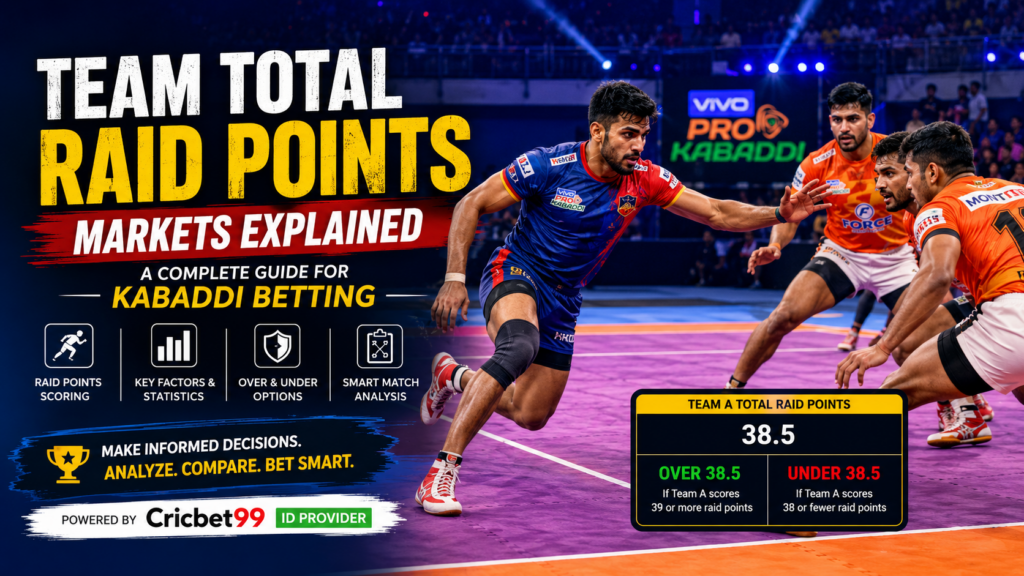 Team Total Raid Points markets in Kabaddi Betting with raiders scoring points during a professional Kabaddi match
